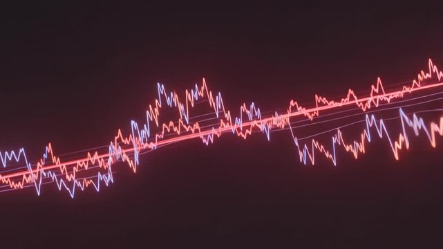 Abstract financial lines in vibrant colors show continuous progression of data trends, with fluctuating peaks and troughs against a dark background
