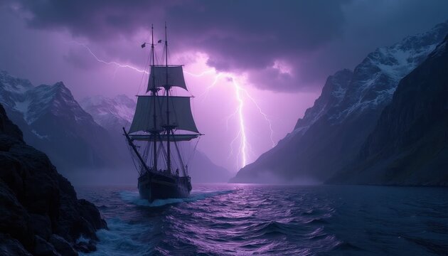 Old sailing ship navigates rough sea near mountains during lightning storm at night. Dramatic ocean voyage with dramatic sky and stormy weather. Adventure exploration.