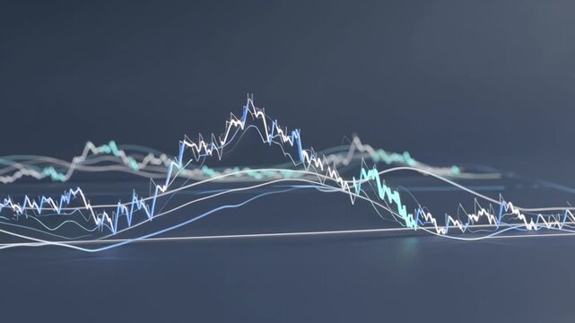 Abstract financial lines in continuous progression, showcasing dynamic loops and fluctuations against a dark background, illustrating market trends and data visualization