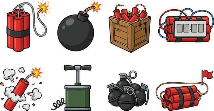 Cartoon Explosive Bomb and Dynamite Icon Set with Burning Fuse Crate Digital Timer Detonator and Grenades Vector Illustration Isolated on White Background