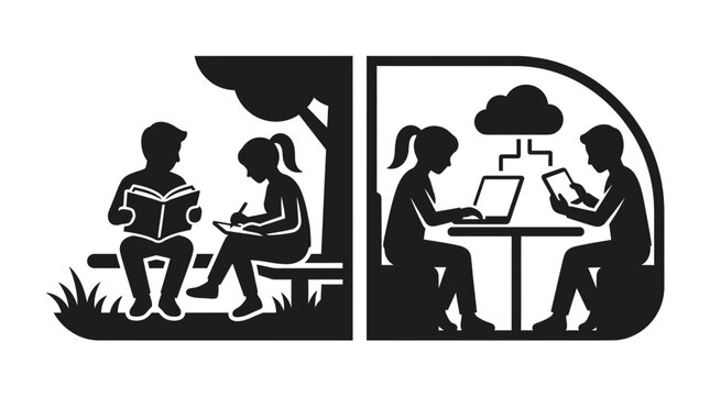 A split illustration comparing traditional learning with books and modern digital education with cloud technology.