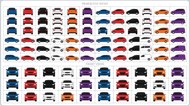 Modern car vector illustration bundle featuring front side and rear views for automotive infographic icon design templates.
