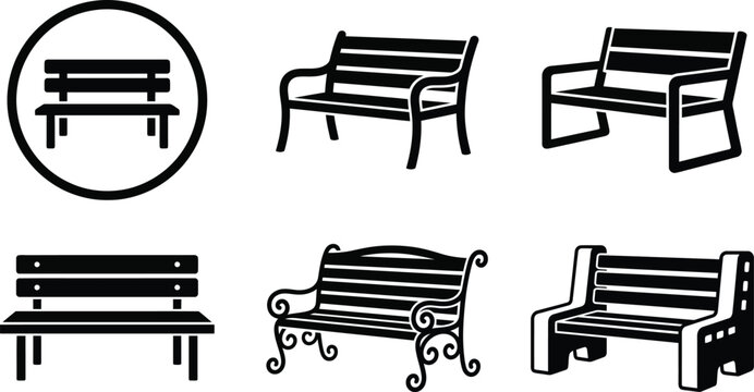 Various stylized metal park bench designs viewed from different angles in a clean graphic layout