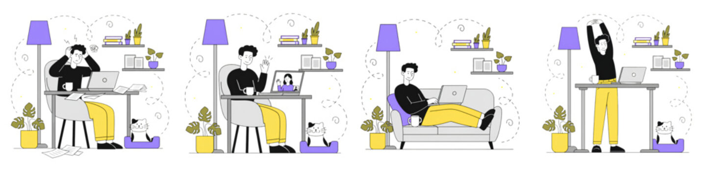 Stressed and happy man working from home set with laptop on chair desk and sofa, headache video call and stretching with cat, flat vector illustration collection