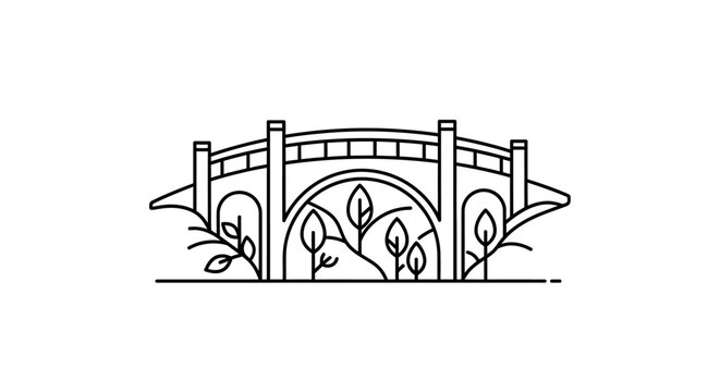 Minimalist line art illustration of an elegant arch bridge over water with stylized plants, representing nature, park, or pathway design.