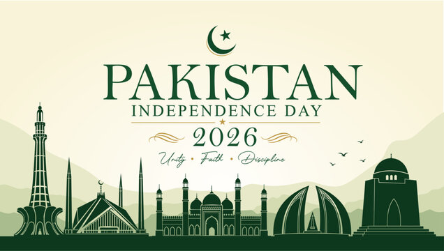 Pakistan Independence Day 2026 banner template. Features Minar-e-Pakistan, Faisal Mosque, and national monument landmark silhouettes on an elegant green background for August 14 celebrations.