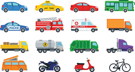 Urban city transport vehicle vector icon set featuring emergency police ambulance fire truck and commercial delivery trucks. © MDRipon