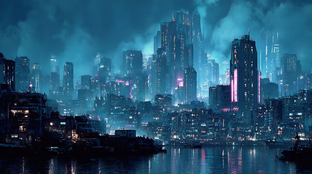 Night cityscape with illuminated skyscrapers reflected in water and dark sky skyscape