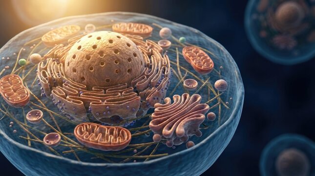 Cell interior displays a prominent nucleus, intricate endoplasmic reticulum, energy-producing mitochondrion, active golgi apparatus, fluid cytoplasm, protective membrane, tiny ribosome.