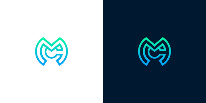 Modern letter M and C monogram logo design concept, minimalist linear MC icon in blue gradient on white and dark background