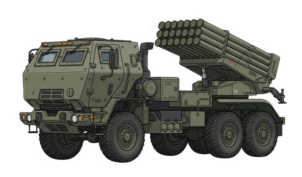 Military multiple launch rocket system truck detailed vector illustration isolated on white