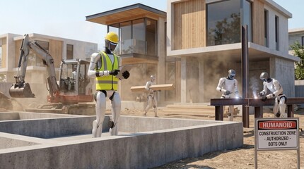 Fototapeta premium Humanoid robots working at construction site wearing safety vest and hard hat 3d render