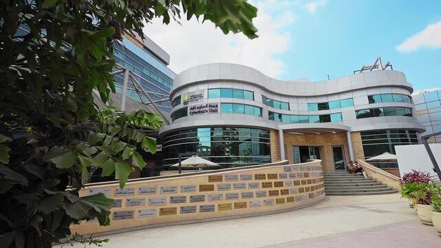 4k cinematic footage of cyber knife building inside 57357 hospital in egypt. cancer treatment technique.
