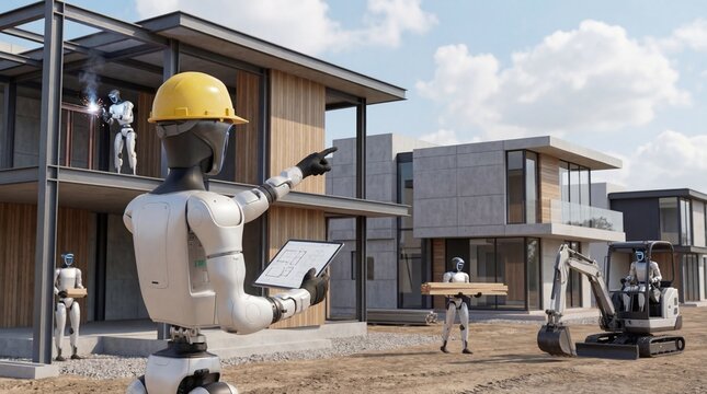 Robot construction foreman holding blueprint tablet directing team at modern building site 3d render