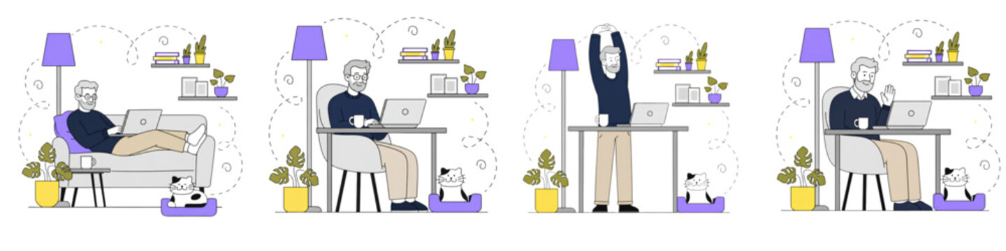 Senior man working from home set with laptop on sofa desk and chair, stretching and waving on video call with sleeping cat, flat line vector illustration collection
