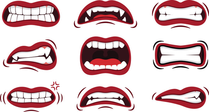Angry Mouth and Vampire Lips Vector Expression Set with Fangs Clenched Teeth Grimacing and Screaming Elements for Halloween Horror Designs