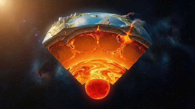 Planet's intricate internal structure, revealing geosphere layer, molten inner core, hot outer mantle, solid lithosphere, shifting tectonic plate, active volcano, expansive ocean, dry land.