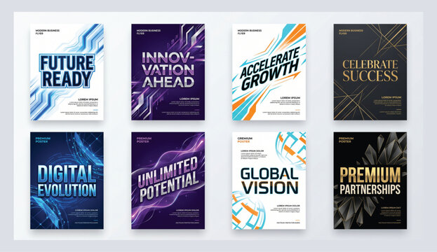 Collection of modern business and technology flyers with abstract designs and phrases for future success and growth future ready innovation ahead accelerate growth celebrate success