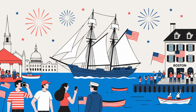 Patriotic American scenery, Independence Day celebration, nautical vector illustration, festive cityscape