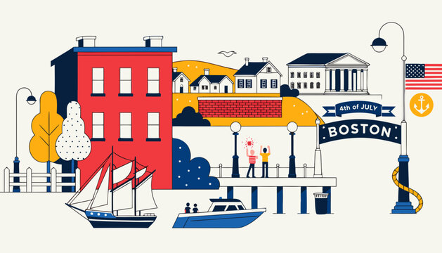 Boston cityscape, waterfront illustration, harbor scene, travel landmarks