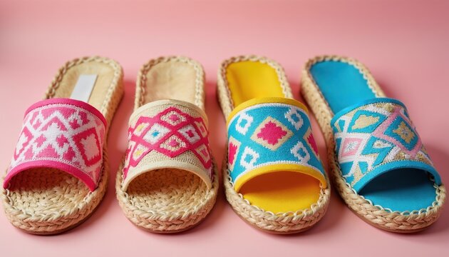 Four pairs of open toe slides with woven espadrille soles. Colorful woven straps feature geometric patterns in pink blue and yellow. Flat sandals on plain pink background.
