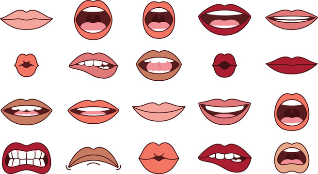 Female Mouth and Lips Vector Icon Set with Diverse Expressions Smiling Biting Kissing Shouting and Teeth Elements for Beauty and Makeup Designs