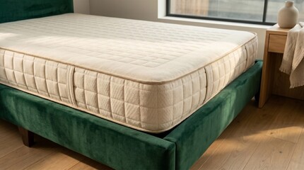 Naklejka premium Modern quilted mattress on emerald green velvet bed frame in a sunlit minimalist bedroom interior for comfortable sleep and luxury home decor design concept