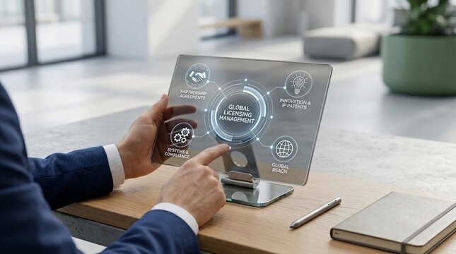 Business executive interacting with a digital display showing global licensing management software interface for corporate strategy