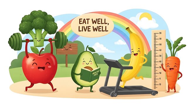 Colorful illustration of healthy eating and lifestyle choices.