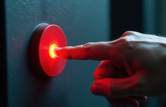 Finger presses glowing red emergency button. Urgent action, critical decision making, alert systems. Danger, risk, or safety activation. Important choice, final step.
