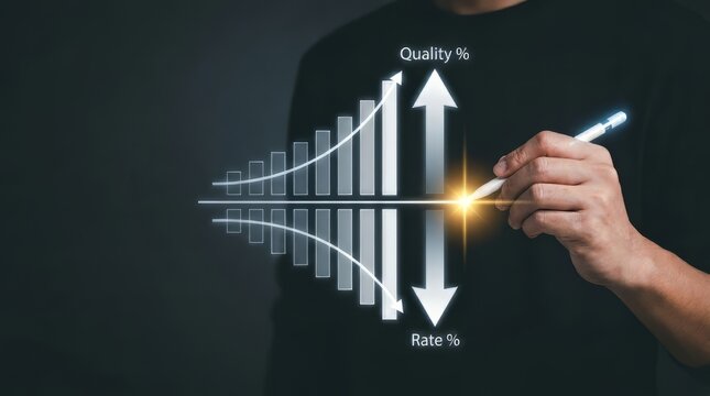 Hand holding stylus interacting with a digital display showing a bar chart with increasing quality and decreasing rate, business improvement concept