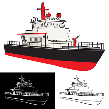 Modern Patrol Boat Vector Illustration in Red Black Colors &ndash; Maritime Security Vessel Isolated on Gray Background
