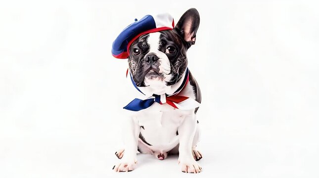 Cute French bulldog wearing tricolor beret and scarf sitting on white background