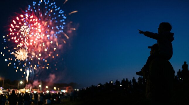 A young child sitting on father shoulders points toward the bright colorful explosive fireworks display captured with a wide lens and high shutter on white background