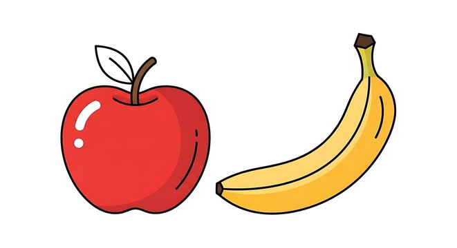 Fresh red apple with green banana on white background.
