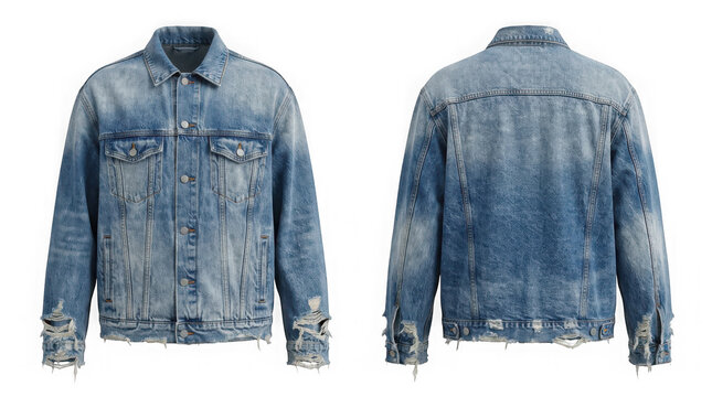 Light blue acid wash distressed denim jacket front and back view