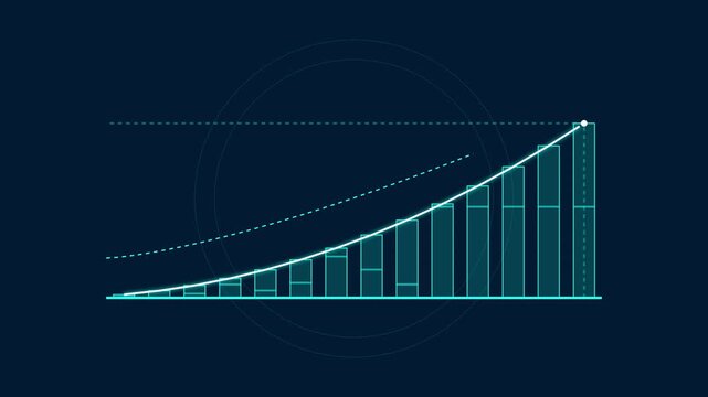 Business bar chart animation showing financial growth and upward trend line on dark background.