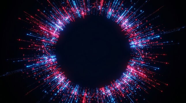 A vibrant digital circle made of streaming blue and red binary code particles with glowing light streaks flowing outward in a circular motion on white background.