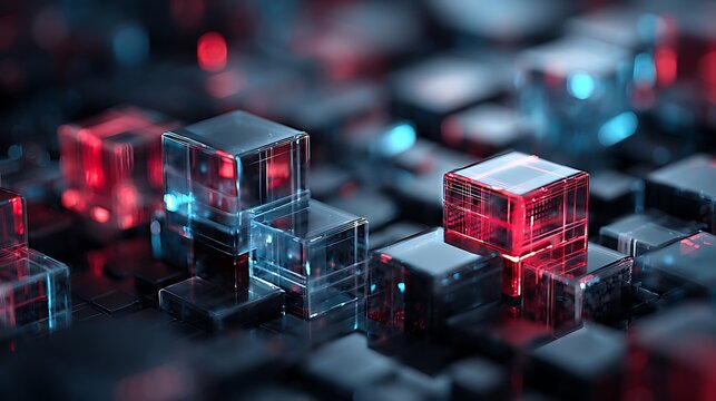Red glowing led cubes arranged in a futuristic geometric pattern on dark background