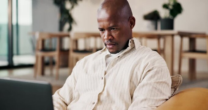 Laptop, remote work and document with black man on sofa in living room for small business in home. Tech, paperwork and report with freelancer in apartment for startup research, proposal or review