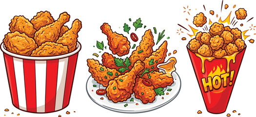 Crispy Fried Chicken Vector Set Featuring Fast Food Bucket Drumsticks on Plate and Hot Spicy Chicken Popcorn for Restaurant Menu and Takeout Designs © Md