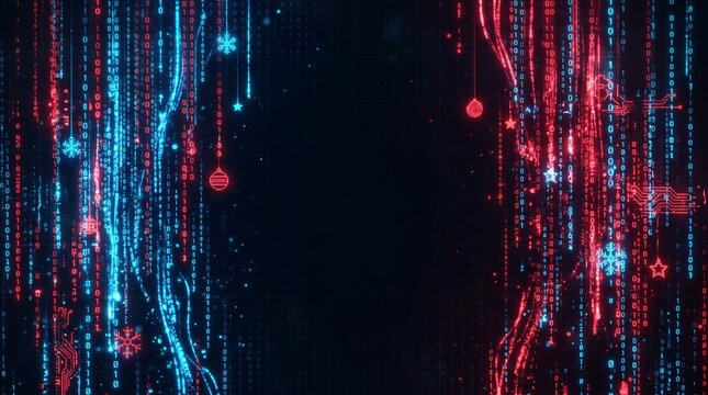 Digital matrix code featuring glowing red and blue binary streams with festive holiday ornaments and snowflake icons rendered in a sharp high contrast on white background