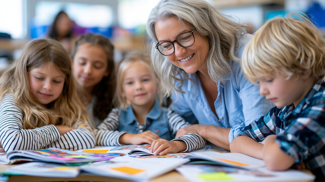 Experienced elementary teacher facilitating small mixed-ability reading group at kidney-shaped table, differentiated leveled readers spread before four students of varying backgrounds, sticky notes 