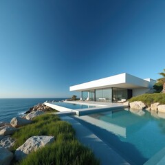 Fototapeta premium Luxury modern white villa with infinity pool on cliff edge overlooking blue ocean sea. Minimalist architecture, glass walls, sun loungers, green grass, rocky coast. Sunny day clear sky.