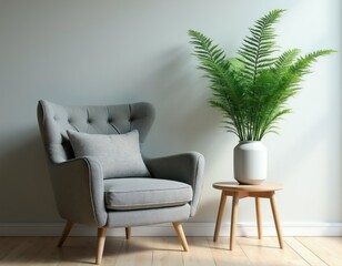 Fototapeta premium Grey armchair and side table with fern plant. Minimalist home decor. Cozy reading nook. Modern living space. Scandinavian interior style. Bright room ambiance.