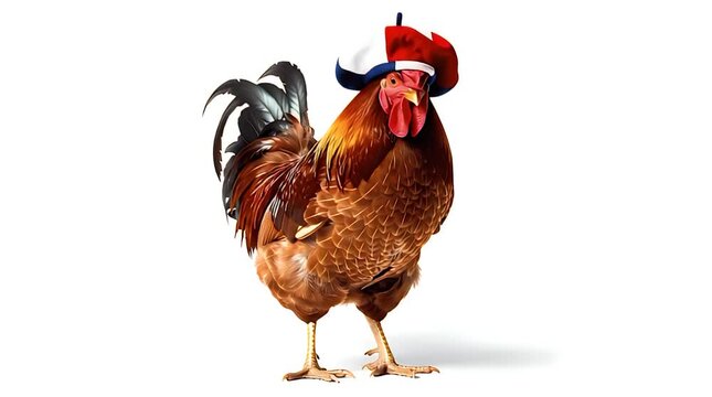 Proud Gallic rooster wearing tricolor blue white and red beret on white background