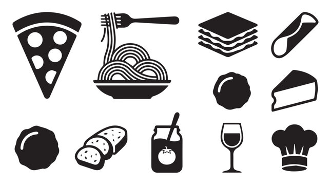 Italian food and culinary set featuring pizza slice, spaghetti with fork, lasagna, cannoli, meatball, cheese wedge, bread, tomato sauce jar, wine glass, and a chef hat symbol