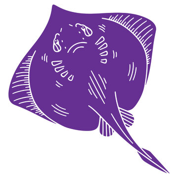Purple illustration of stingray or skate fish with white line art details isolated on transparent background