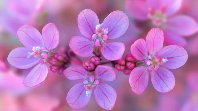 Delicate close-up of several small pink flowers with translucent petals and soft focus background