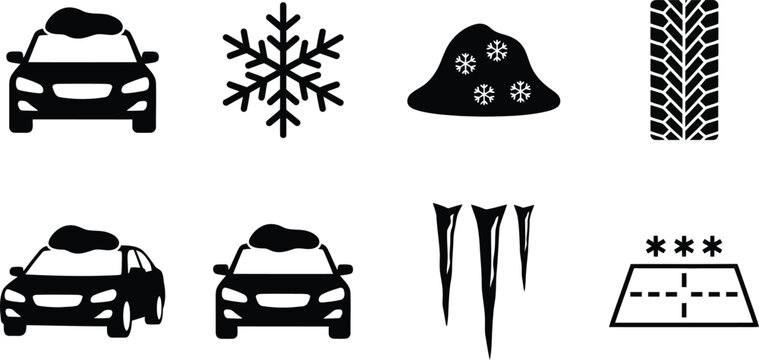 Car driving in winter with snowflakes and ice on tires icons set Vector
